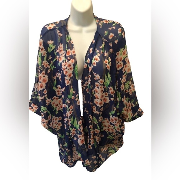 Floral Kimono Sheer Blue Pink Open Concept Short Sleeve Flowing Summer Sz M - Picture 1 of 5
